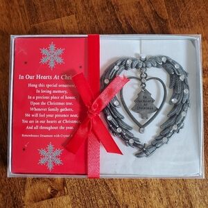 Memorial Remembrance Ornament Pewter Heart Shaped Angel Wings with Jewels